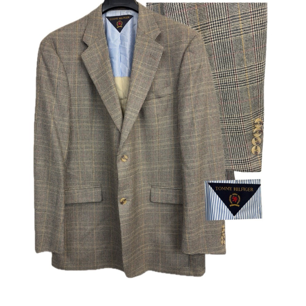 Vintage Tommy Hilfiger Sport Coat Mens 44L Brown Glen Plaid Wool Blazer‎ Jacket